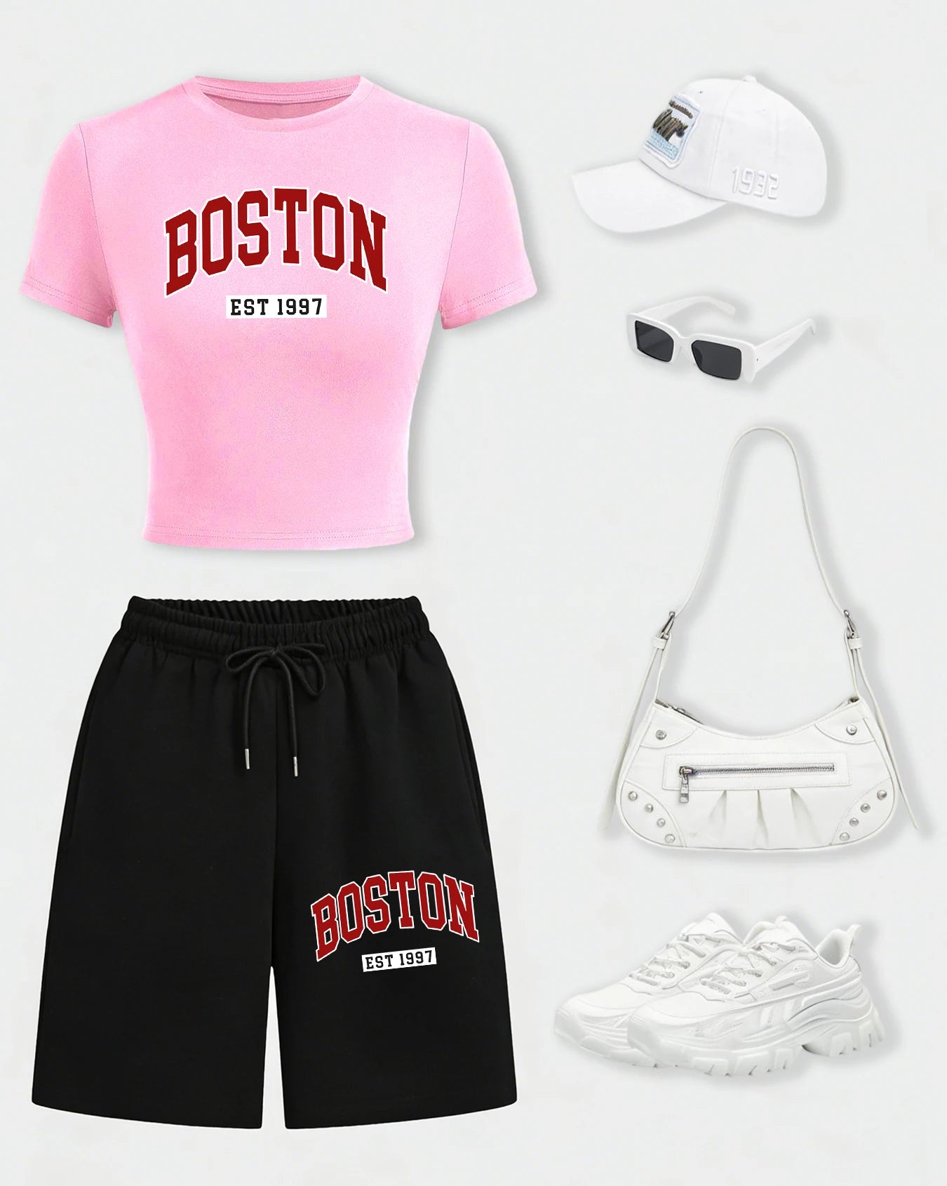 Boston Letter Est 1997 Women T-Shirt Set Drawstring Wide-Leg Short Pants Summer Pocket Black Pant Cotton Breathable Crop T Shirt