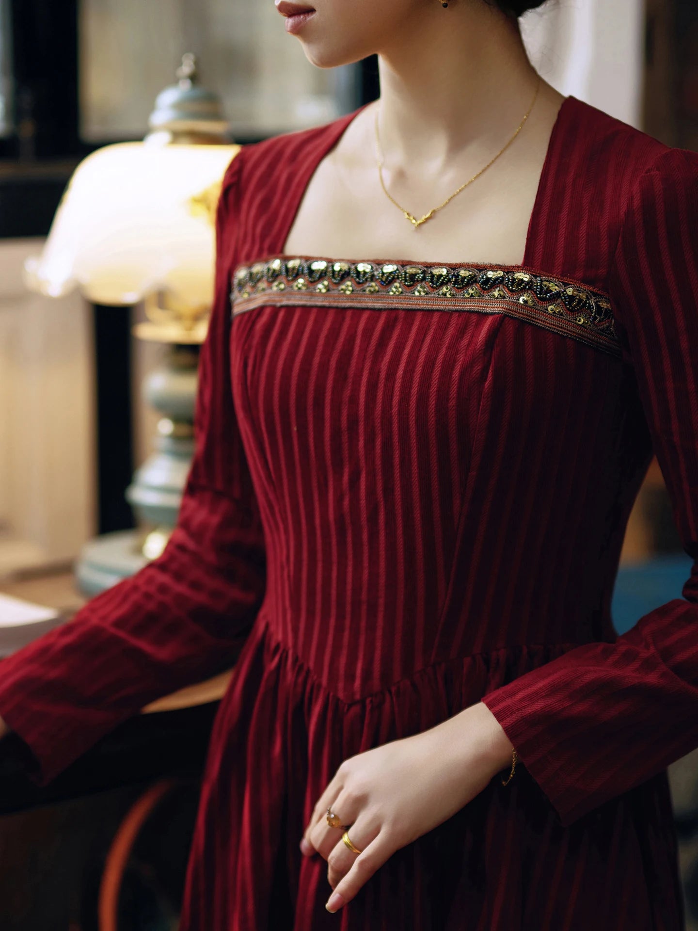 TIYIHAILEY Women 100% Cotton Corduroy Dress Full Sleeve Long Maxi Ladies S-XL Vintage High Waist 2026 Wine Red Beaded Winter