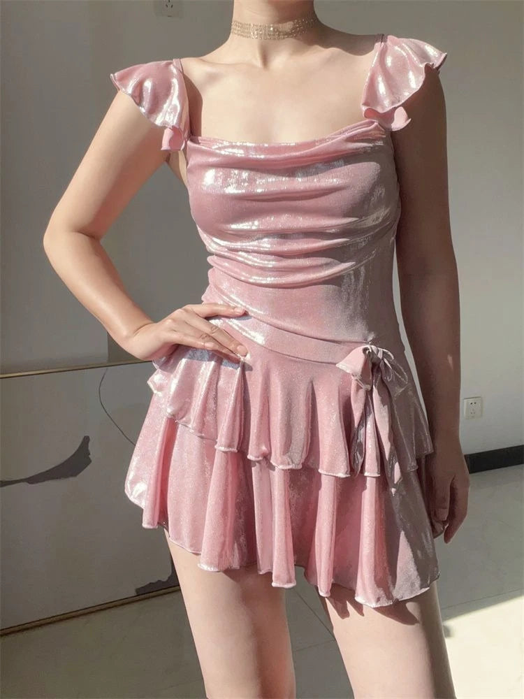2026 New Women's Shimmer Pink Swimsuit Elegant Modest Pure Desire Bathing Suit for Hot Spring Beach