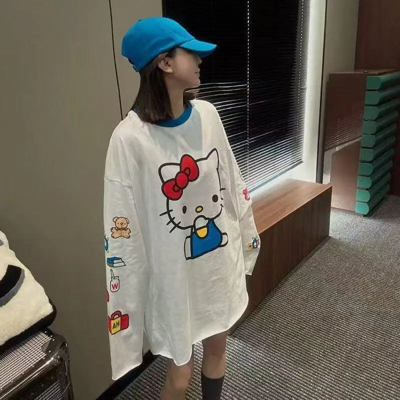 Long-Sleeved Hello Kitty Summer New Style Cartoon Cute Printed T-Shirt for Women Popular Loose Sun Protection Clothing Thin Tops