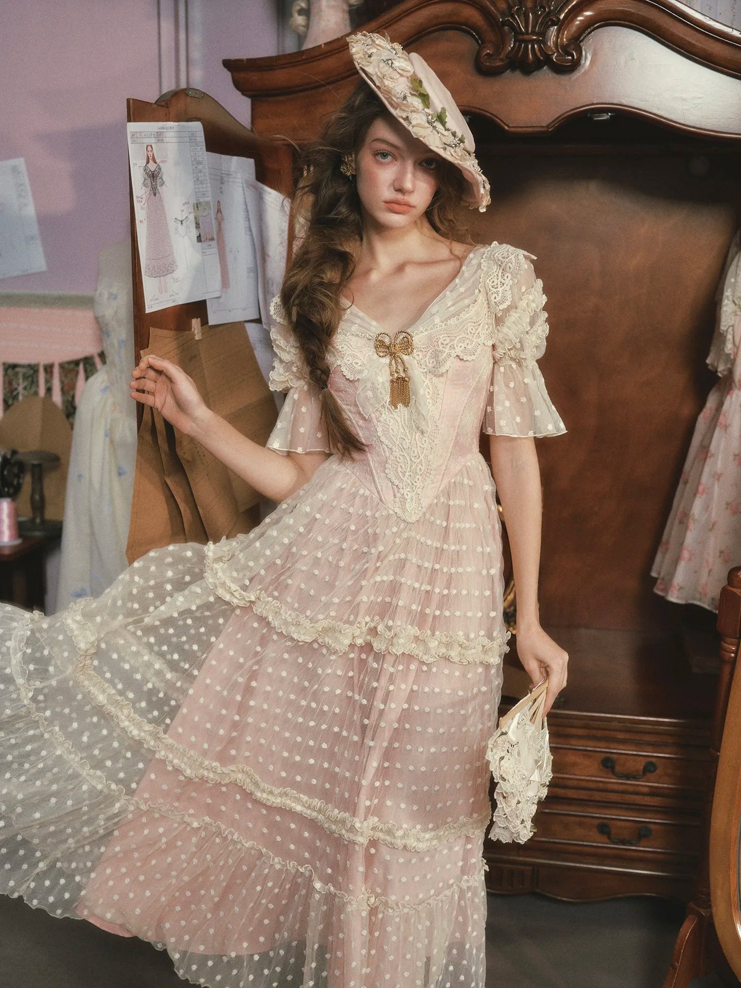 TIYIHAILEY Summer Women Dress Puff Short Sleeve Long Maxi Ladies Mesh Embroidery XS-XL Vintage High Waist V-Neck Pink Dresses