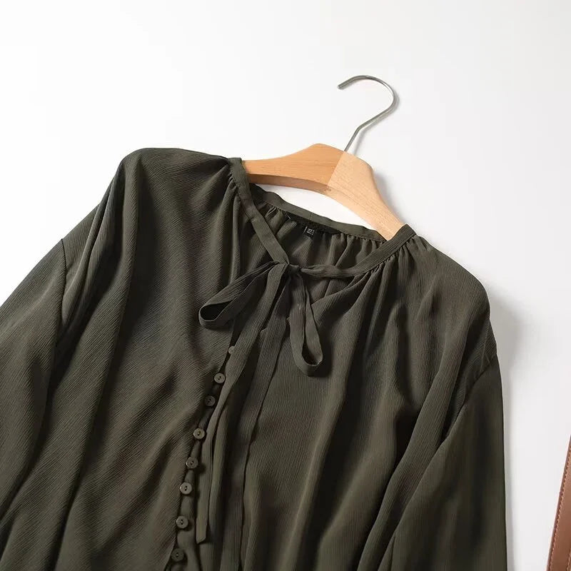 2025 French Style Women's Shirts Dark Green Loose Long Sleeve Top with Bow Tie Autumn Tops