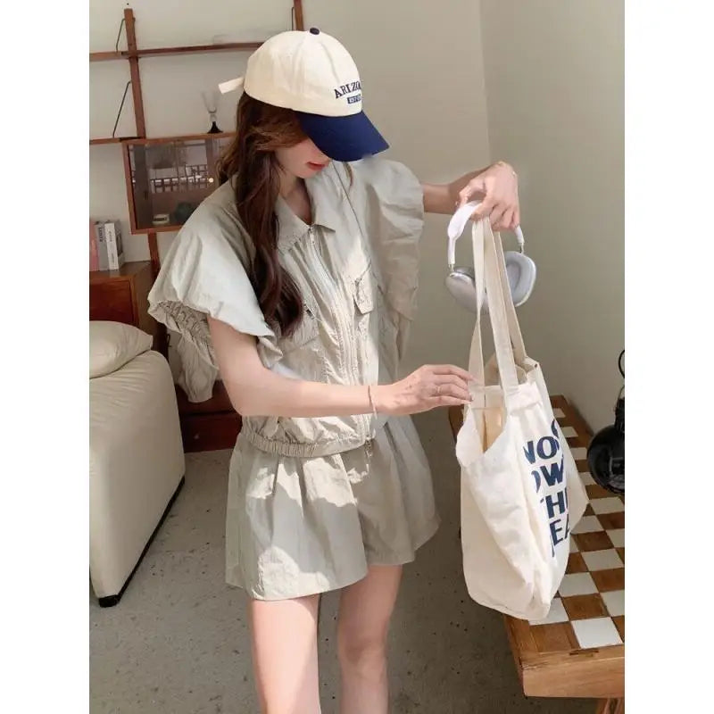 Women's Suit Fashion Two Piece Set Shirt Shorts Cotton Petite Women Summer Sweet Cool Youthful Fashionable Trendy High End