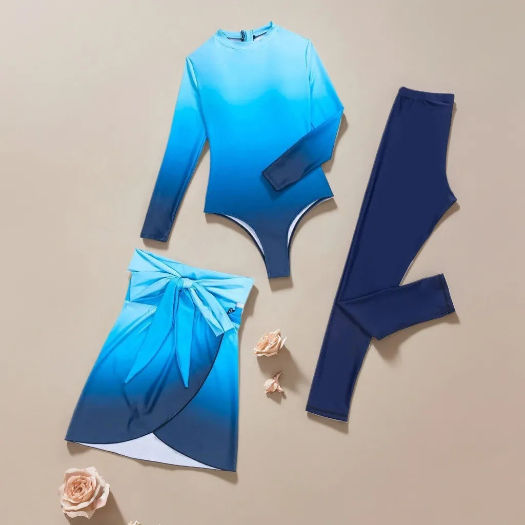 Blue Long Sleeve Swimsuit High Neck Wrap Skirt Swimwear Tie Front Bathing Suit Green Leggings Solid Color Slim Fit Swimming