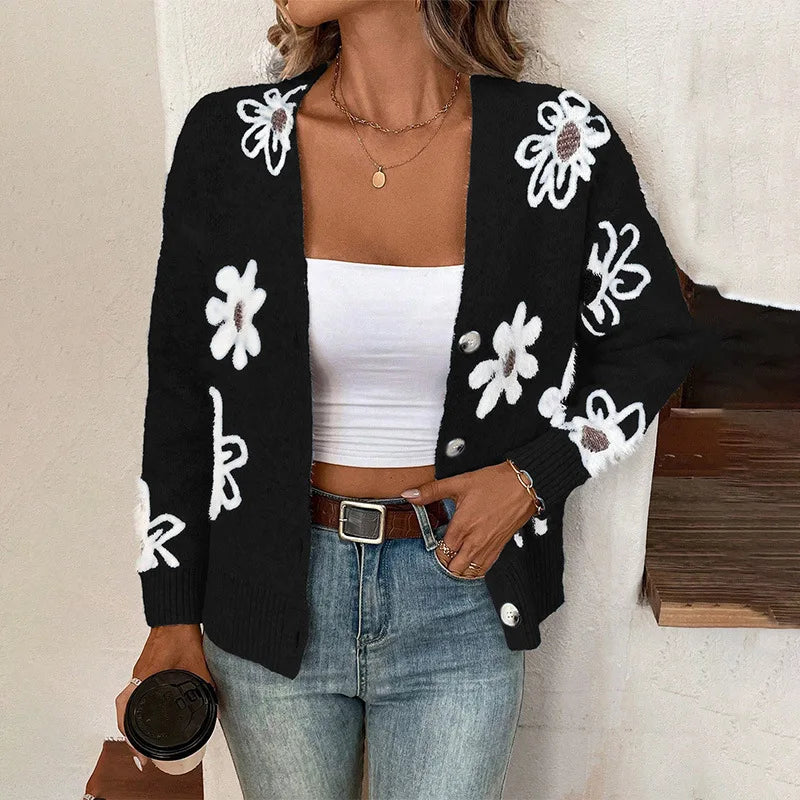 New Style Flower-Patterned Buttons Front-Opening Casual and Comfortable Cardigan