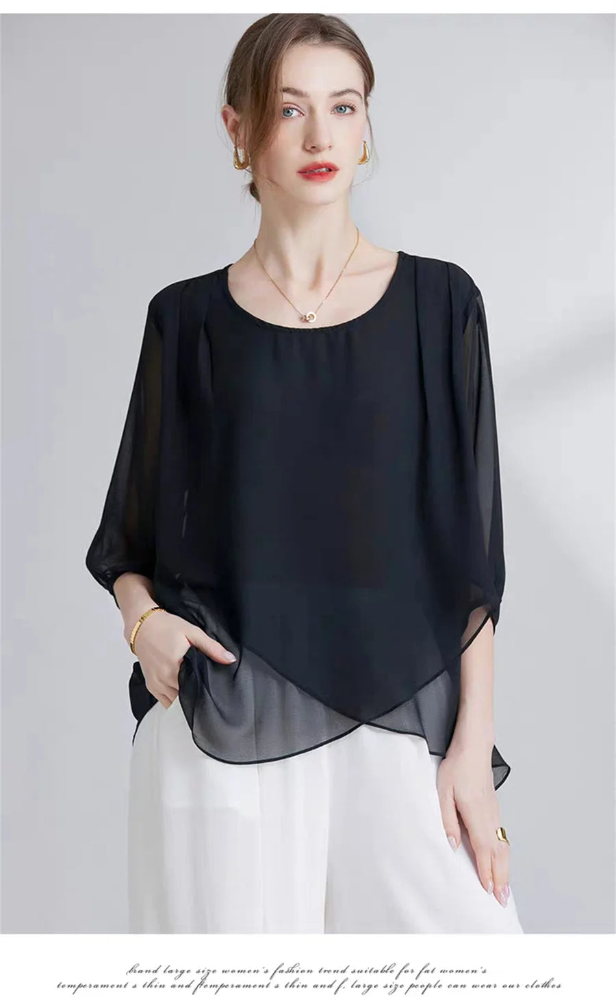 Korean Style Chiffon Plus-Size Women's Top Sexy Mid-Sleeve Black White Blouse Fashion Irregular Design