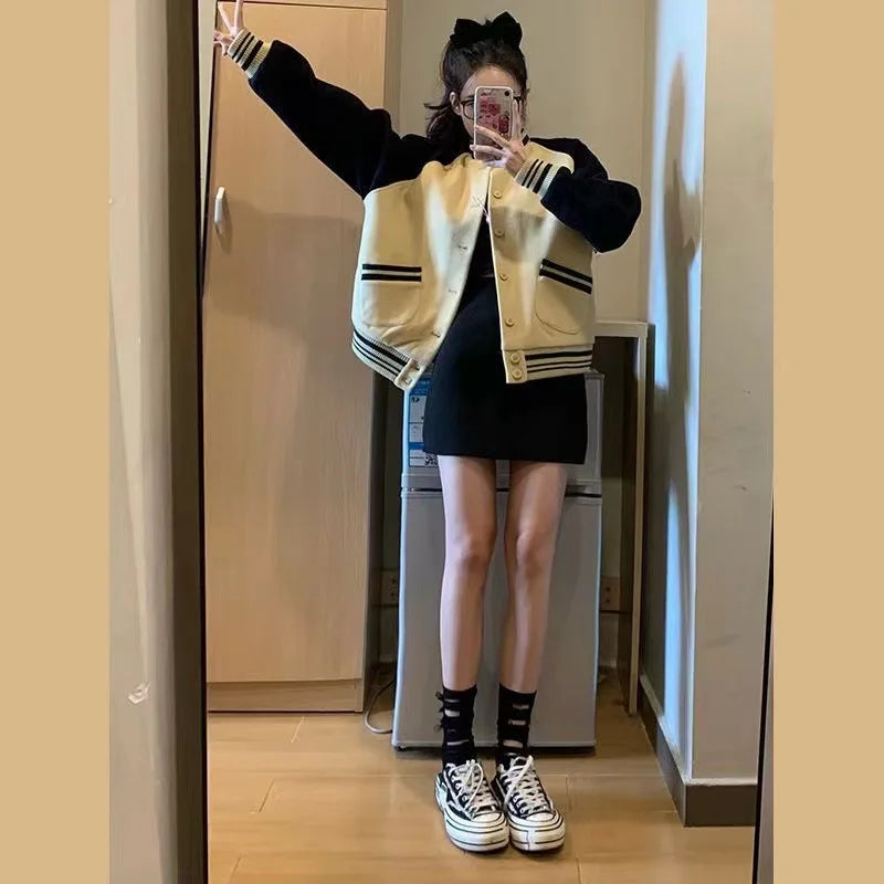 2026 Spring And Autumn New Thin Color-Block Baseball Jacket Women, American Retro Style, Loose Long-Sleeve Coat For Petite Women