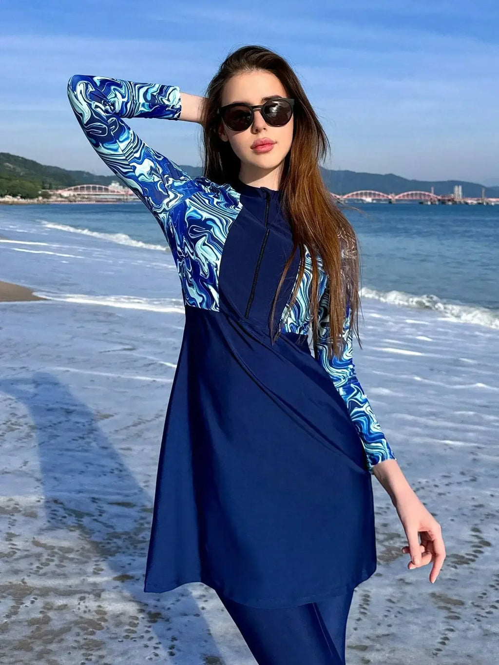 Womens 3-Piece Beach Swim Set With Long Sleeve Top And Skirt