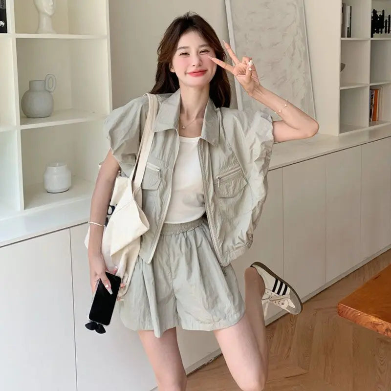 Women's Suit Fashion Two Piece Set Shirt Shorts Cotton Petite Women Summer Sweet Cool Youthful Fashionable Trendy High End
