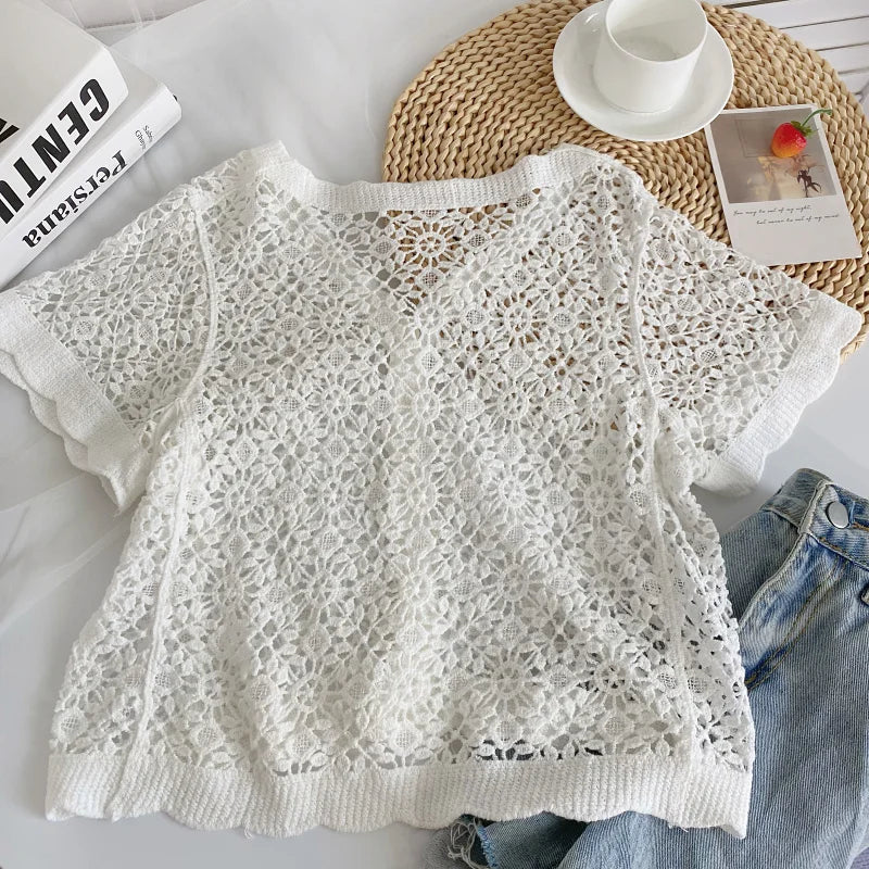 Women's Knitted Short Sleeve V-Neck Hollow out Single Button Cardigan Summer New Design Versatile Korean Style Office Wear