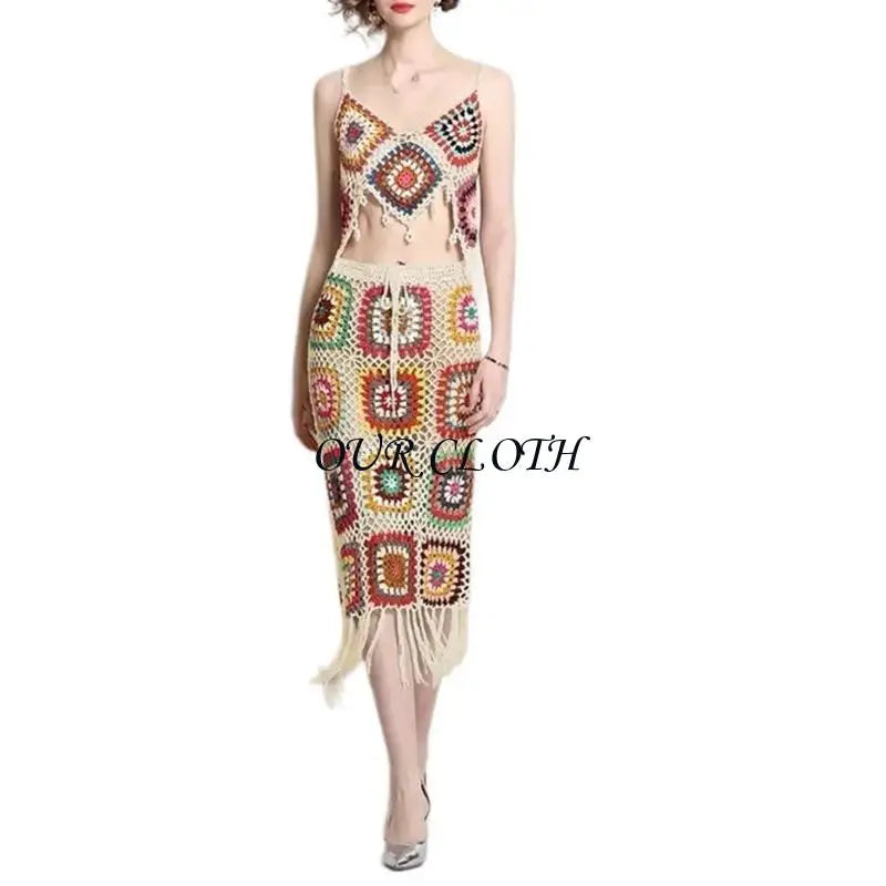 Women Beach Crochet Knit Cami Crop Top and Drawstring Waist Tassels Skirt Set Y1AC
