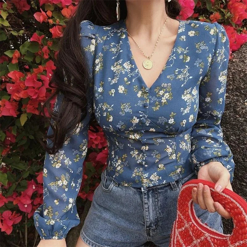 Retro Chiffon Shirt for Women 2026 New Design Niche V-neck Slim Long-sleeved Printed Top