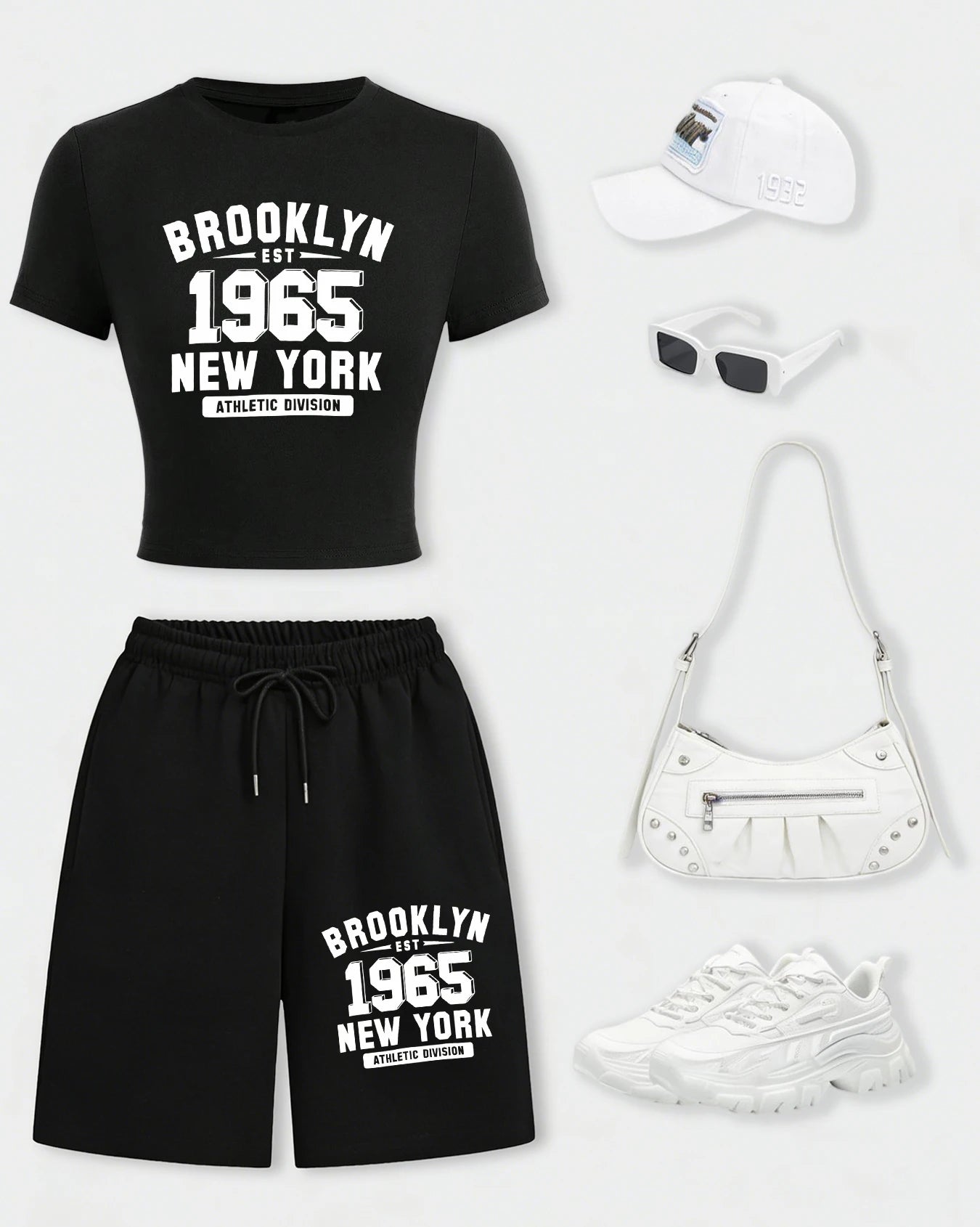 New York City Brooklyn 1965 Print Woman T-Shirt Suits Slim Cotton Crop T Shirt Summer Wide-Leg Shorts Drawstring Pocket Pant
