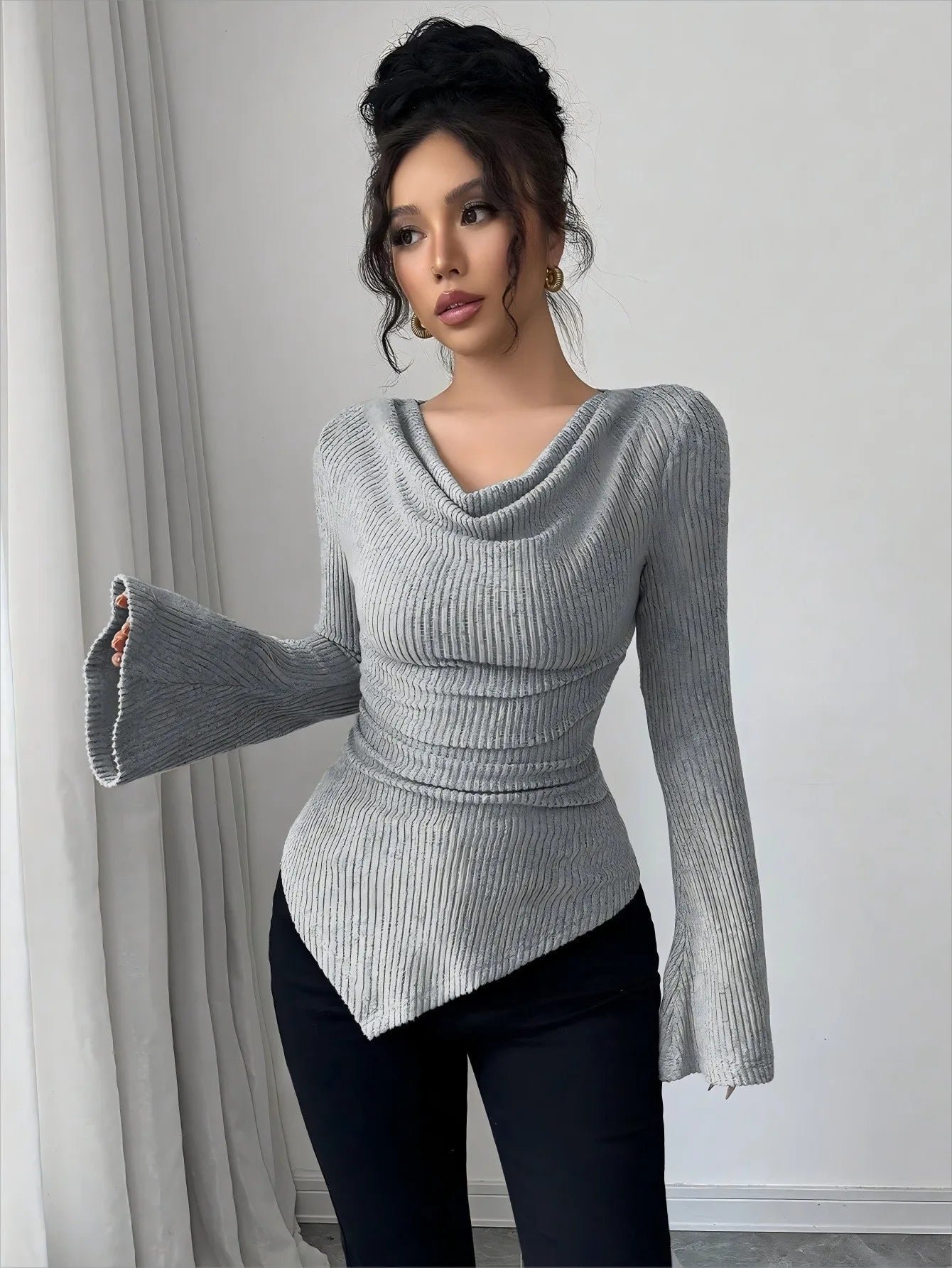 Women's Blouse Longsleeve Solid Color Long Sleeve Blouse Ribbed Cowl Neck Knit Top Bell Asymmetrical Hem Off Shoulder Top