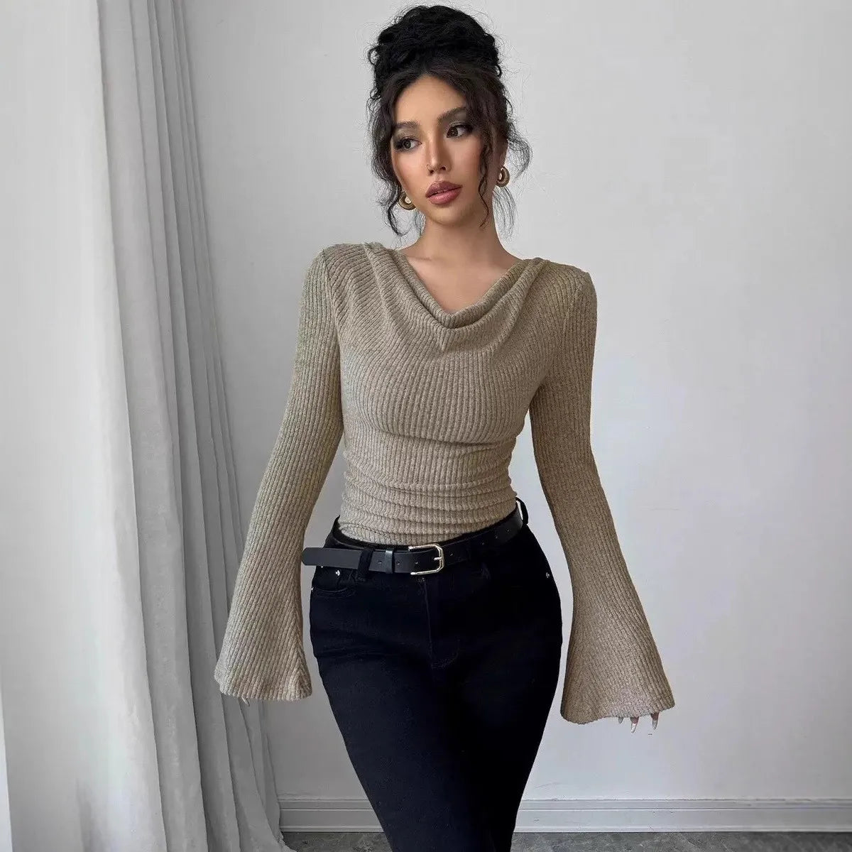 Women's Blouse Longsleeve Solid Color Long Sleeve Blouse Ribbed Cowl Neck Knit Top Bell Asymmetrical Hem Off Shoulder Top