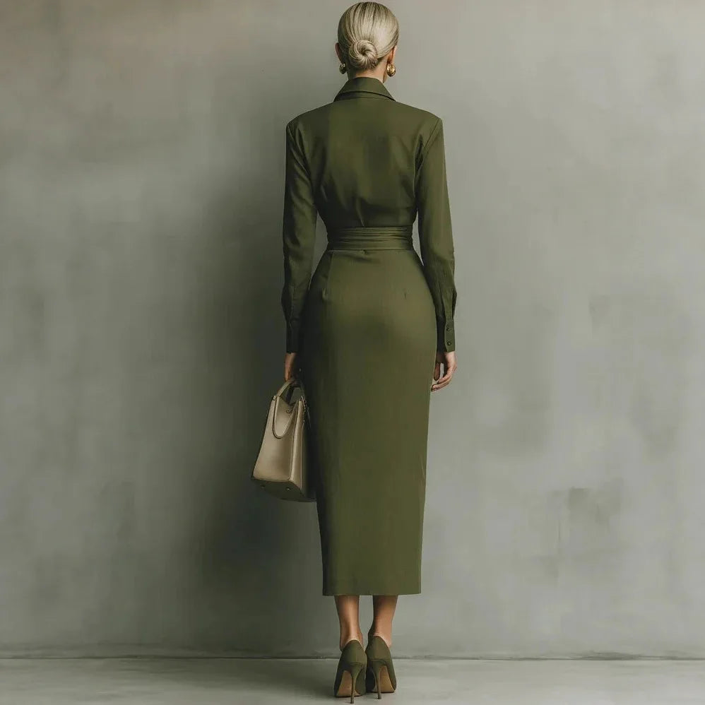 Elegant Dresses Woman Spring Polo Collar Button High Waist Slim Bodycon Dress Autumn Long Sleeve Solid Office Lady Dress Vestido