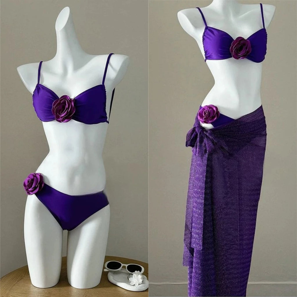 Beach Vacation 4-Piece Split Bikini Set 2026 New Fairy Sweet Women's Print Long Sleeve Swimwear High waist Beauty Fashion Suits