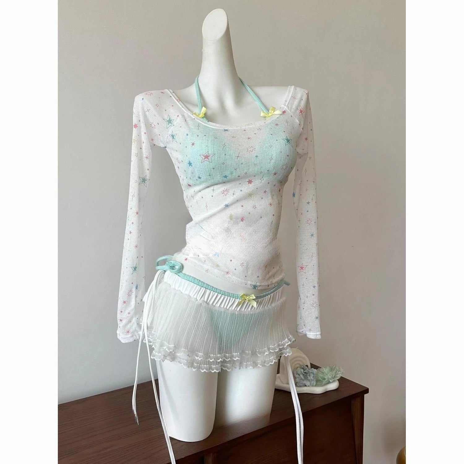 Beach Vacation 4-Piece Split Bikini Set 2026 New Fairy Sweet Women's Print Long Sleeve Swimwear High waist Beauty Fashion Suits