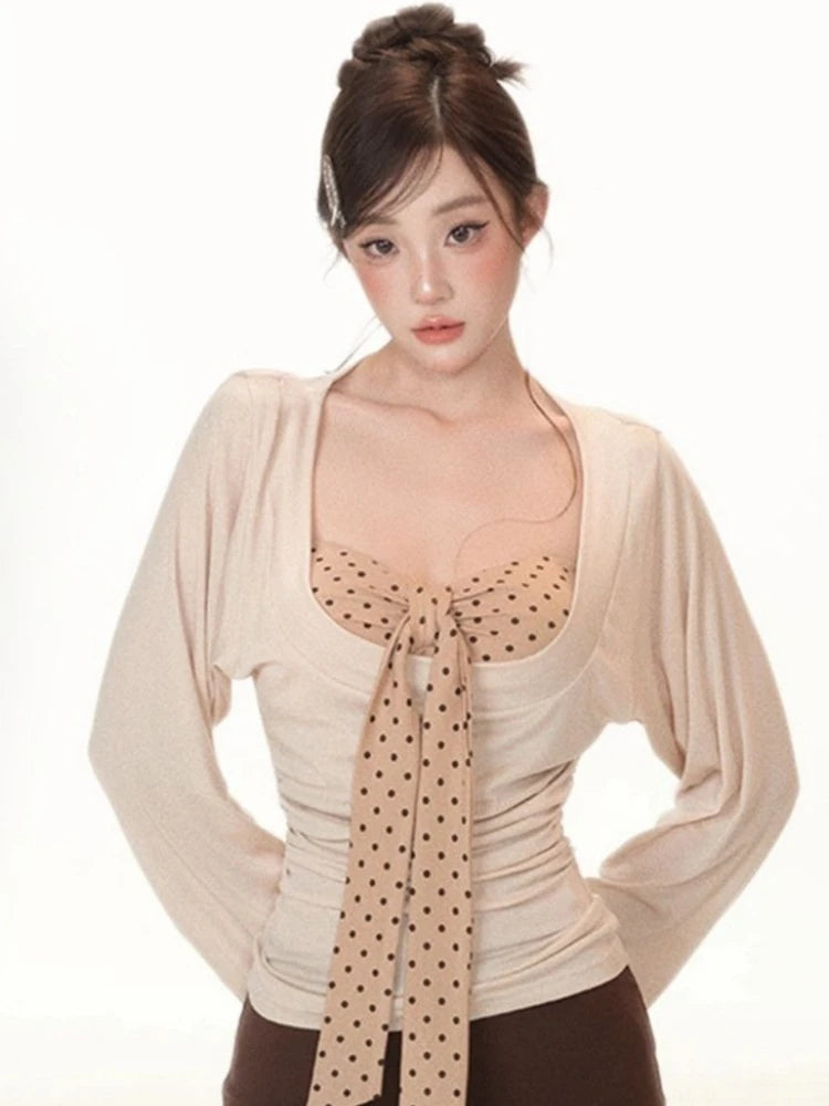 Y2K Two Piece Set: Sexy Pleated Top & Polka Dot Strapless Vest, Fairy Grunge Suit