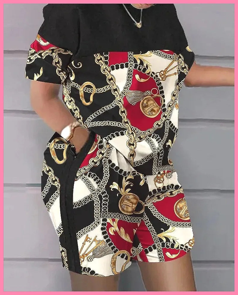 2026 Women's 2-Piece Set: Fashion Print Wide-Leg Pants & Top, Elegant Office Suit