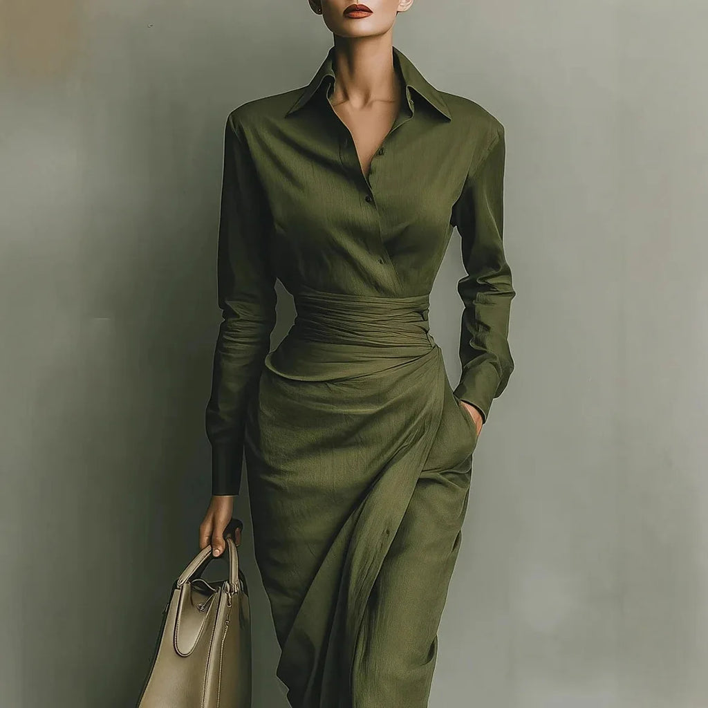 Elegant Dresses Woman Spring Polo Collar Button High Waist Slim Bodycon Dress Autumn Long Sleeve Solid Office Lady Dress Vestido