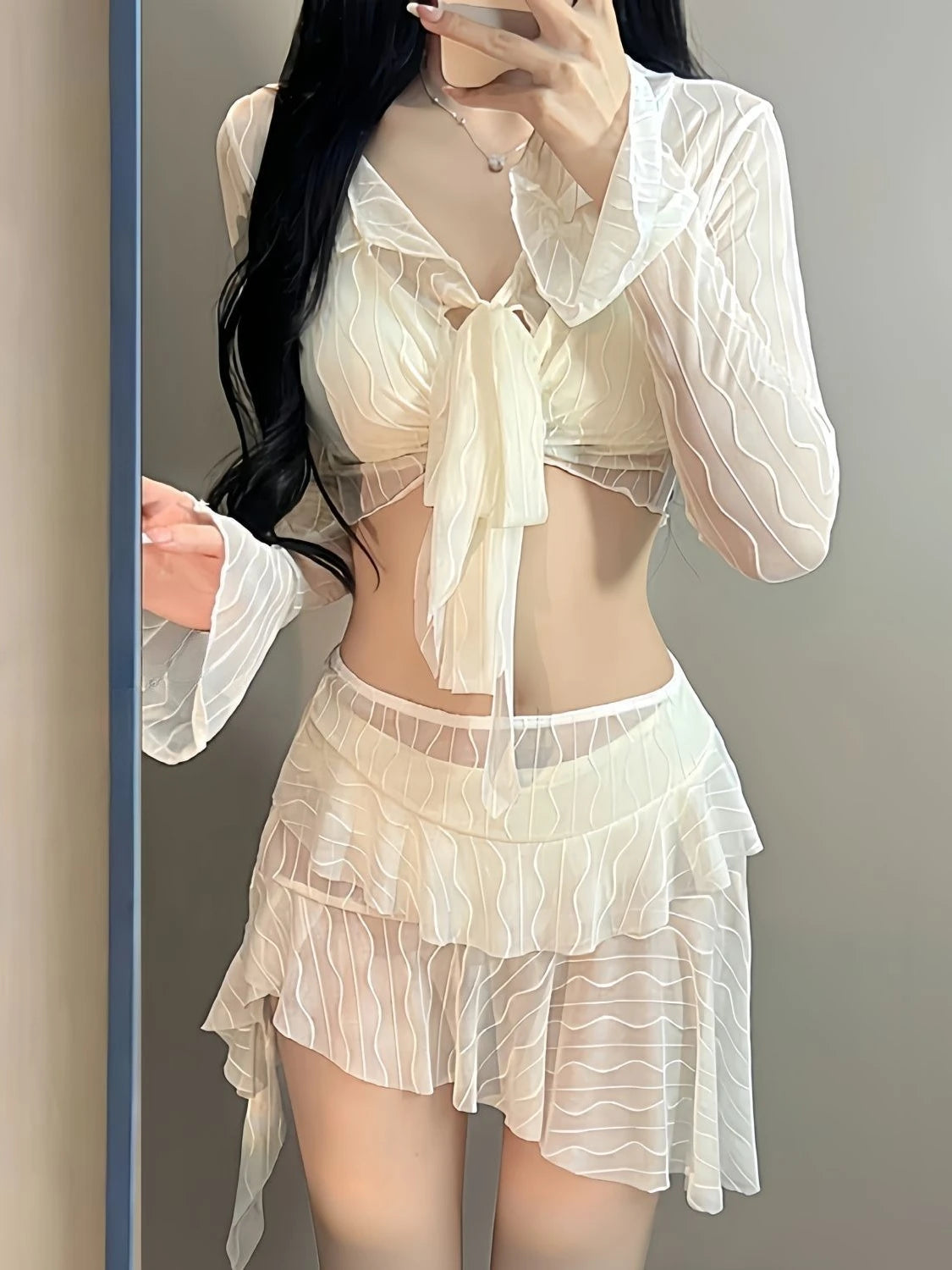 Beach Vacation 4-Piece Split Bikini Set 2026 New Fairy Sweet Women's Print Long Sleeve Swimwear High waist Beauty Fashion Suits