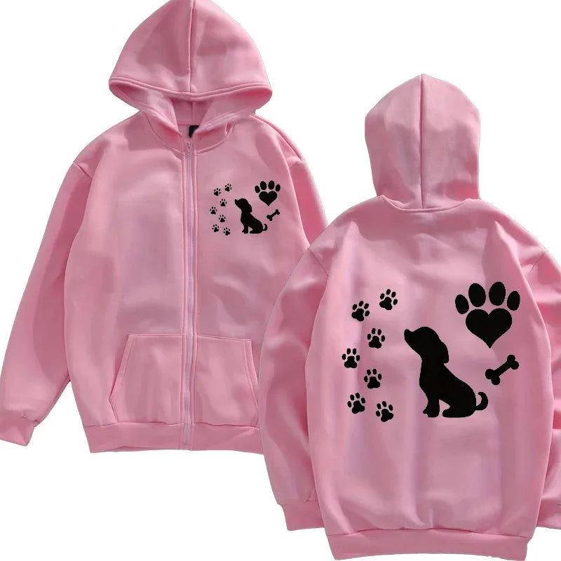 Women Chic Zip Hoodies Fashion Autumn Winter Fleece Hooded Top Funny Dog and Paw Casual Fashion Lady Hoody Sweatshirts Zipper