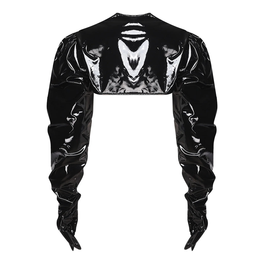 Womens Wet Look PU Leather Cardigan Crop Jacket Puff Loose Long Sleeve Open Front Coat Shrug Shawls with Gloves Party Clubwear