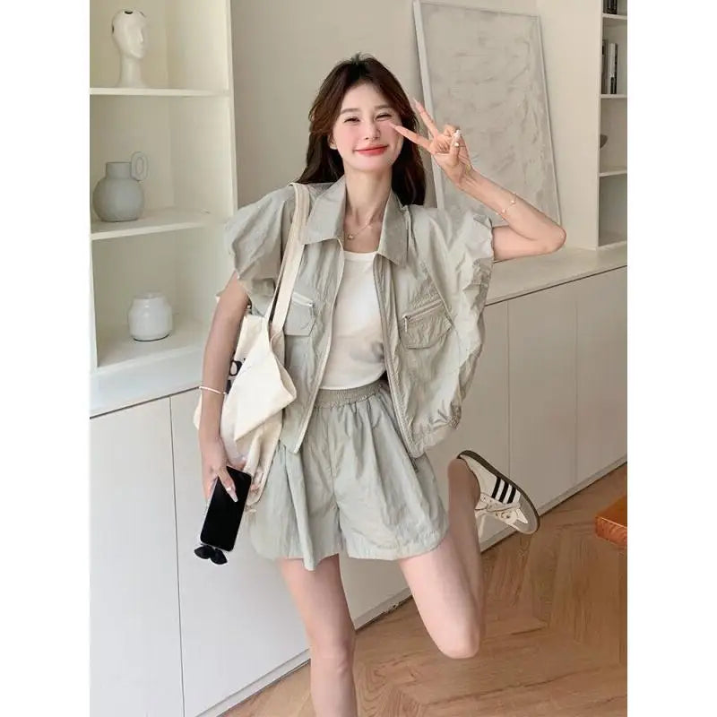 Women's Suit Fashion Two Piece Set Shirt Shorts Cotton Petite Women Summer Sweet Cool Youthful Fashionable Trendy High End