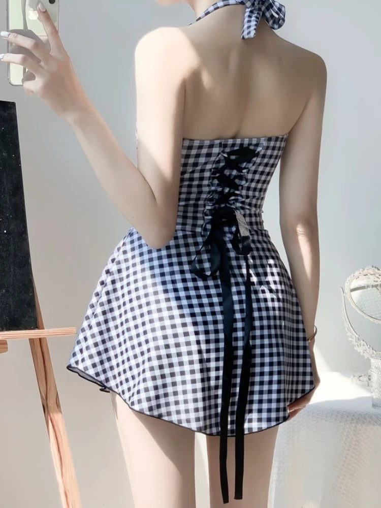 2026 New Women Backless One Piece Swimsuit Modest Plaid Lace Up Skirted Bathing Suit Tummy Control Slimming Beachwear