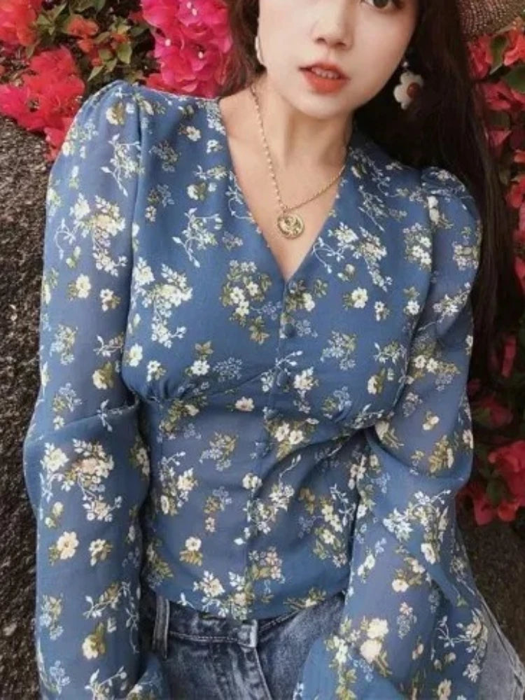 Retro Chiffon Shirt for Women 2026 New Design Niche V-neck Slim Long-sleeved Printed Top
