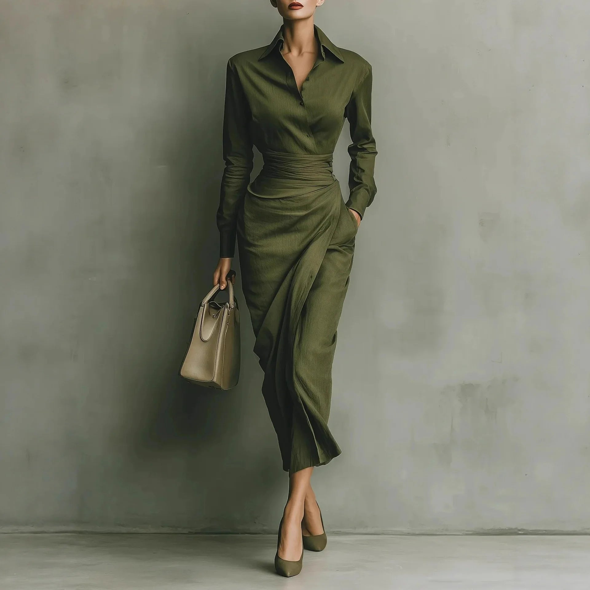 Elegant Dresses Woman Spring Polo Collar Button High Waist Slim Bodycon Dress Autumn Long Sleeve Solid Office Lady Dress Vestido