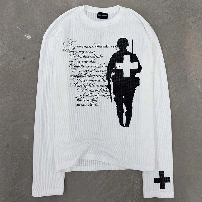 Fashion Harajuku Autumn Street Trend Vintage Print round Neck T-shirt
