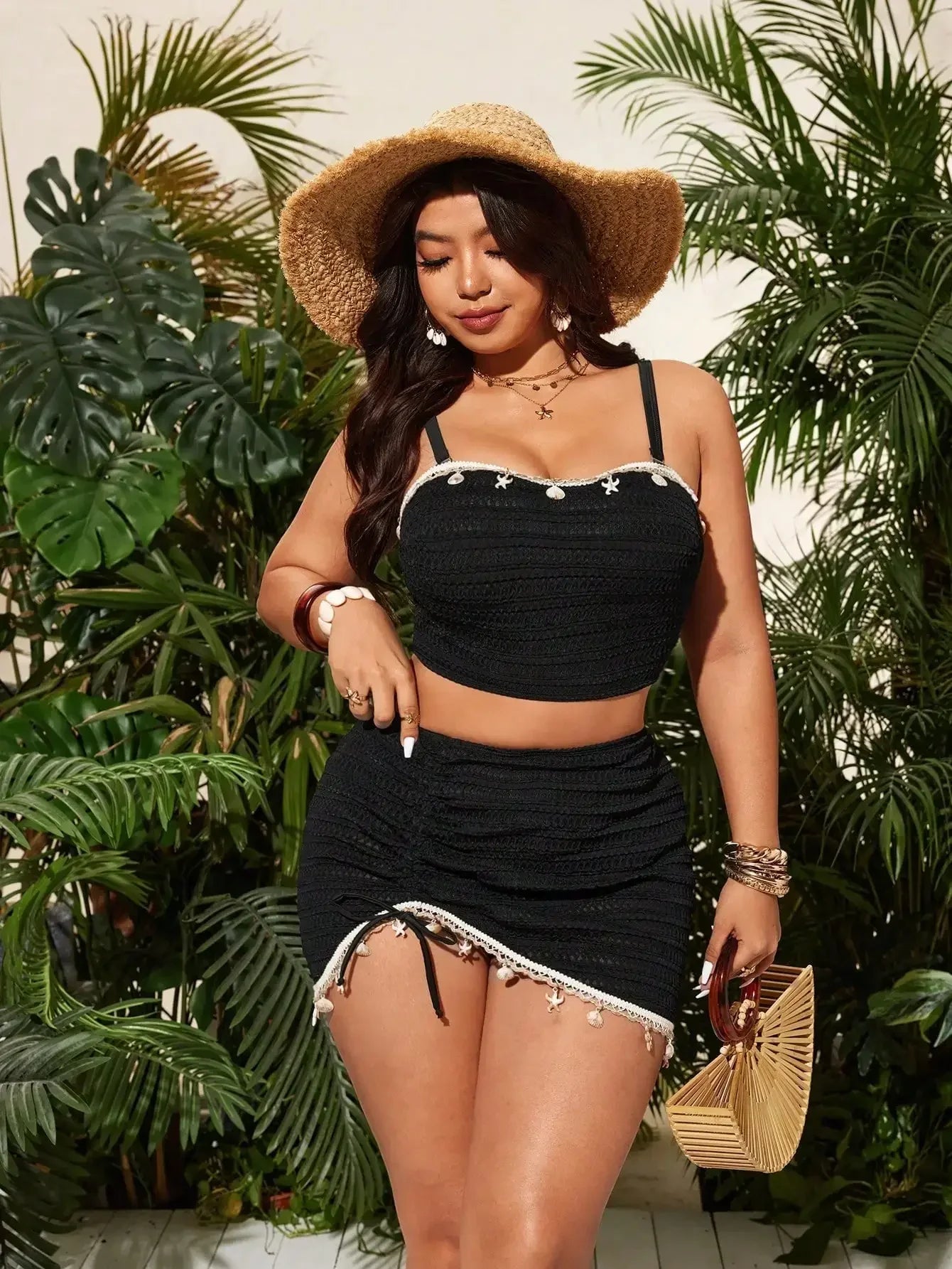 Plus Size Women Bandeau High Waist Split Swimsuit With Shell Decor