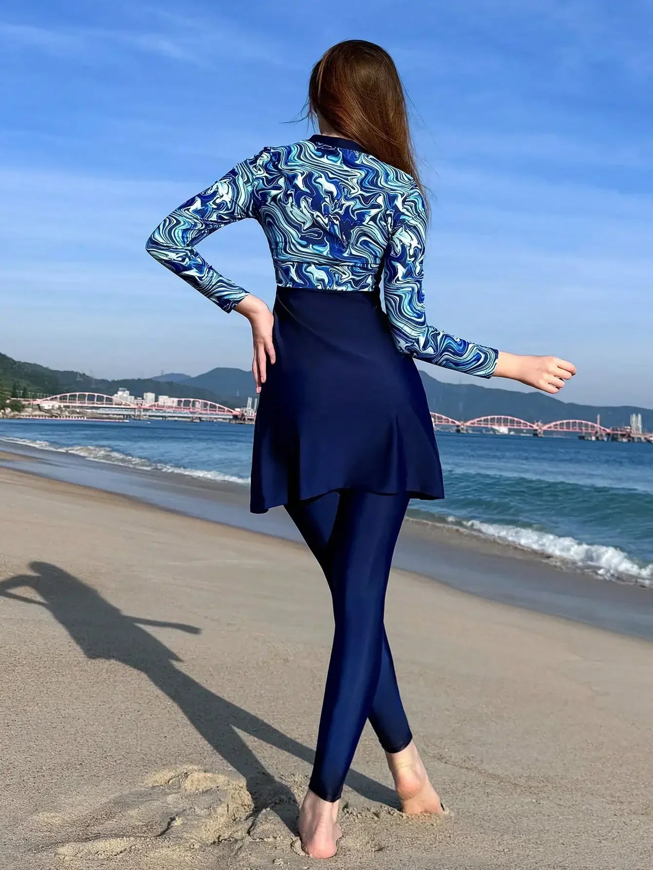 Womens 3-Piece Beach Swim Set With Long Sleeve Top And Skirt