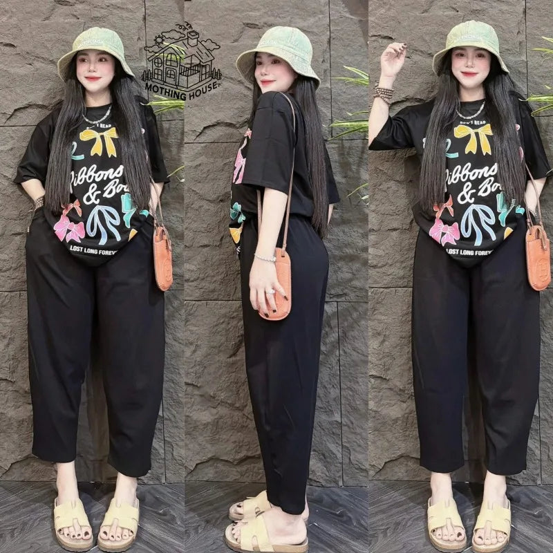 Fashion Suit Women's Summer New Korean Version Bow Short-sleeved Wide-leg Pants Casual Age-reducing Two-piece Set