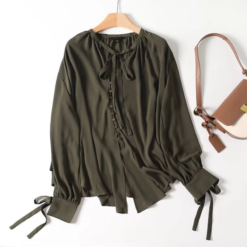 2025 French Style Women's Shirts Dark Green Loose Long Sleeve Top with Bow Tie Autumn Tops