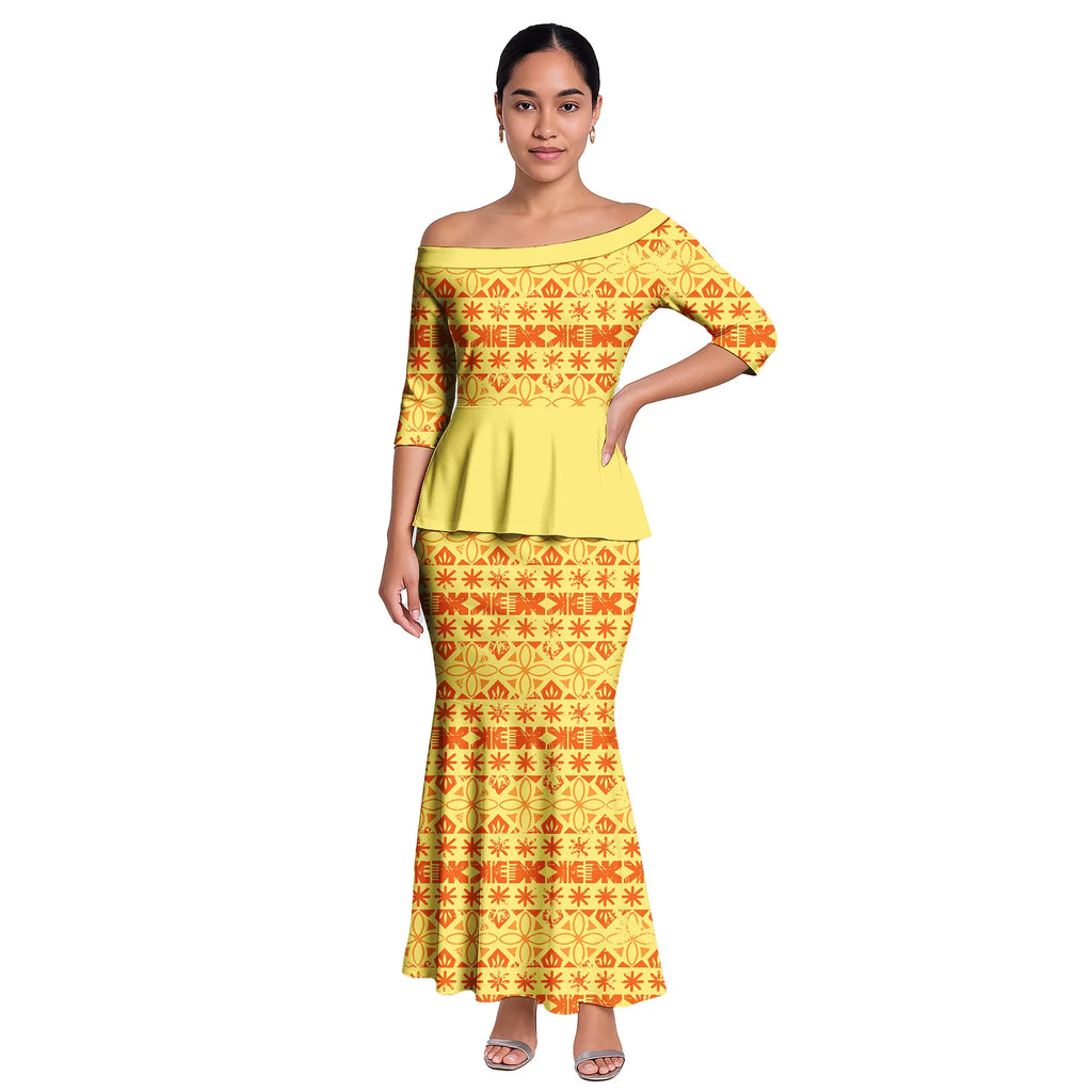 Hawaiian Style Casual Life Custom Clothes Samoan Tribal Ladies Long Dress Tapa Design Women 2pc Sets Polynesian Party Puletasi