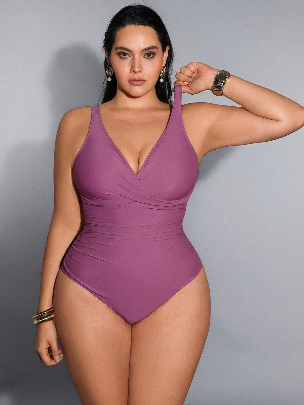 Swimwear 2026 Swimsuit Woman Plus Size V Neck Ruched Waist Mauve Purple High Cut Leg Sleeveless Bathing Suit with