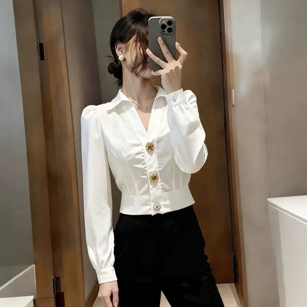 Elegant White Shirt V Neck Blouse for Women Puff Long Sleeve Button Shirt short Top Y2k Chic Office Lady Casual Formal Wear 2026