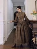 TIYIHAILEY 100% Cotton Plaid Spring Autumn Women Dress Full Lantern Sleeve Long Maxi Ladies S-XL Vintage High Waist Stand Collar