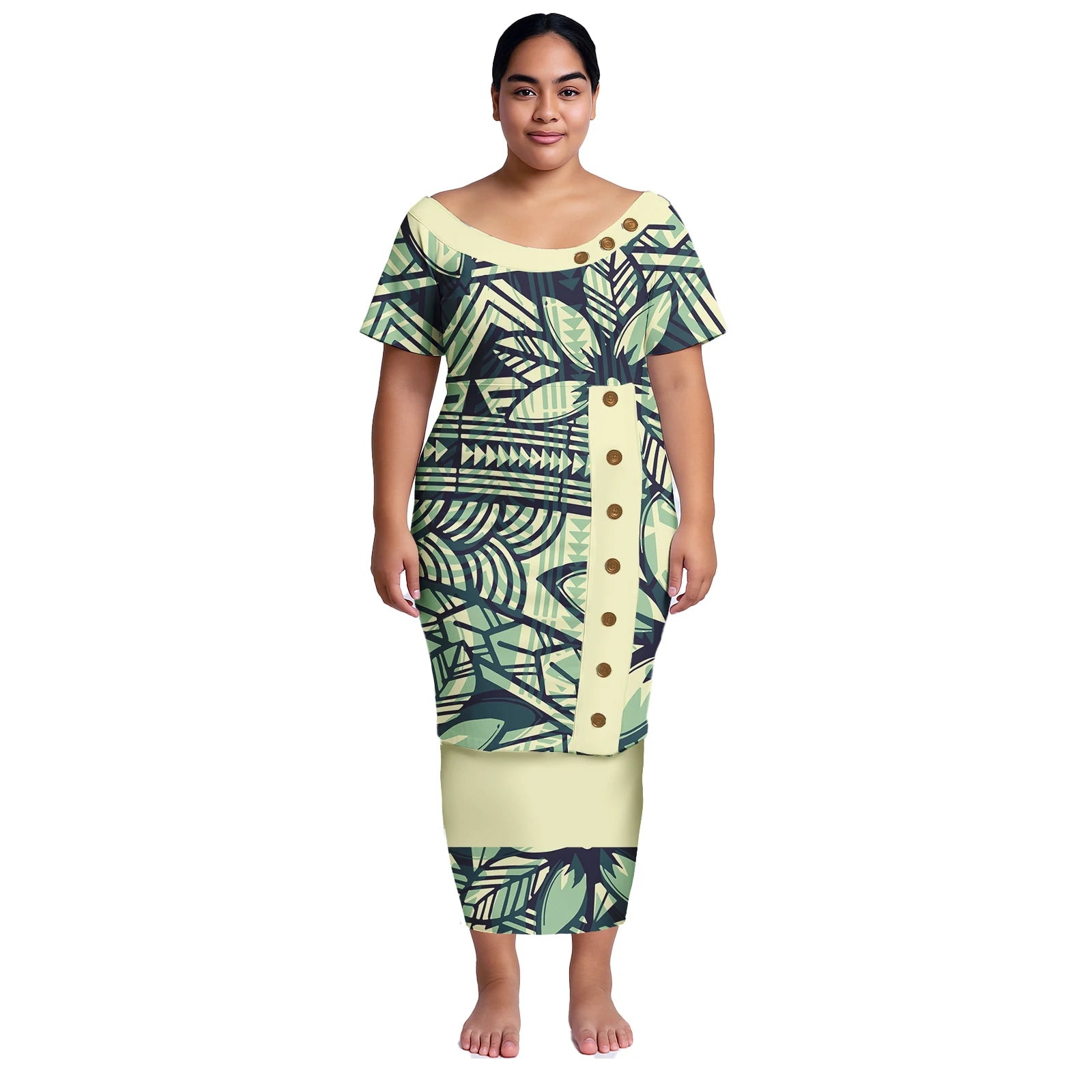 Plus Size Women Dresses Samoan Puletasi 2Pcs Set Island Shirt and Skirts Polynesian Church Tapa Print Tribal Long Dress Elegant