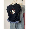 Short-Sleeved T-Shirt Hello Kitty Printed Patchwork Plaid Front Shoulder Women's Sanrio Summer Retro Slim Sweet Spicy Short Tops
