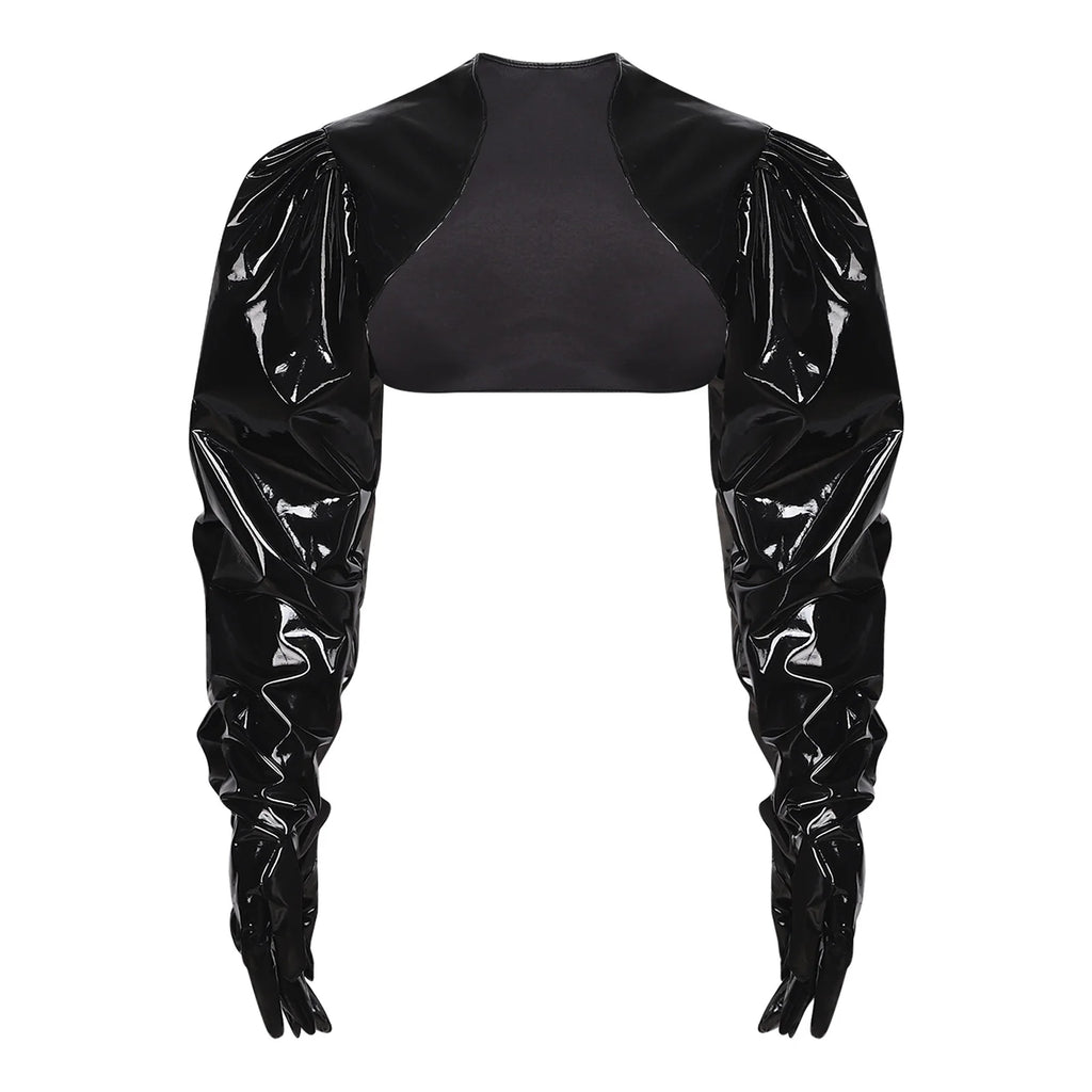 Womens Wet Look PU Leather Cardigan Crop Jacket Puff Loose Long Sleeve Open Front Coat Shrug Shawls with Gloves Party Clubwear