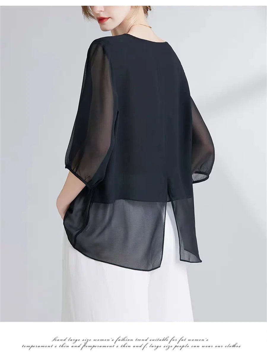 Korean Style Chiffon Plus-Size Women's Top Sexy Mid-Sleeve Black White Blouse Fashion Irregular Design