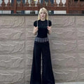 Women's Suit Fashion 2 Piece Set Short Sleeve Top Wide Leg Pants Cotton Women Summer Casual Elegant American Style Premium