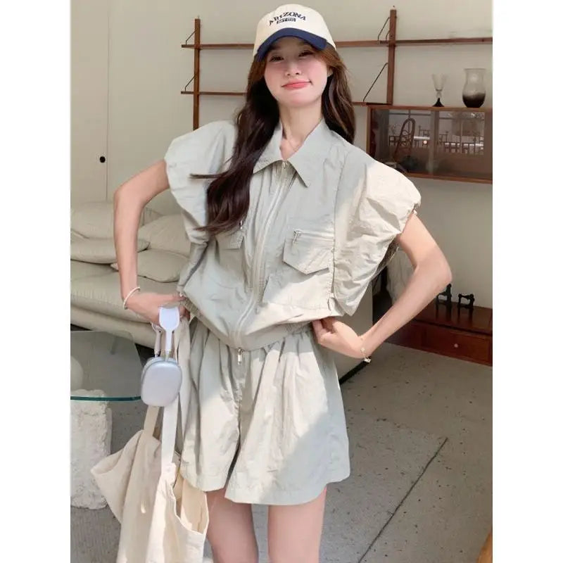 Women's Suit Fashion Two Piece Set Shirt Shorts Cotton Petite Women Summer Sweet Cool Youthful Fashionable Trendy High End