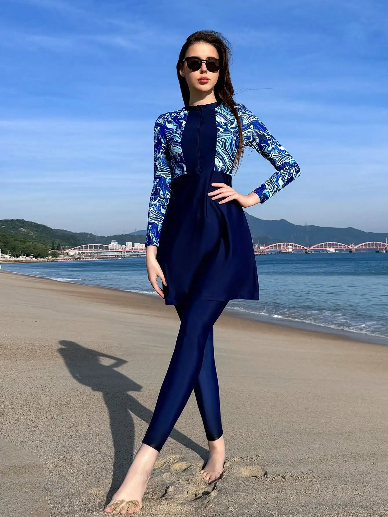 Womens 3-Piece Beach Swim Set With Long Sleeve Top And Skirt