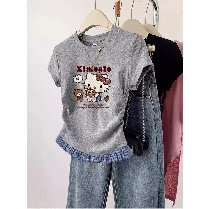 Short-Sleeved T-Shirt Hello Kitty Printed Patchwork Plaid Front Shoulder Women's Sanrio Summer Retro Slim Sweet Spicy Short Tops