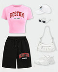 Boston Letter Est 1997 Women T-Shirt Set Drawstring Wide-Leg Short Pants Summer Pocket Black Pant Cotton Breathable Crop T Shirt